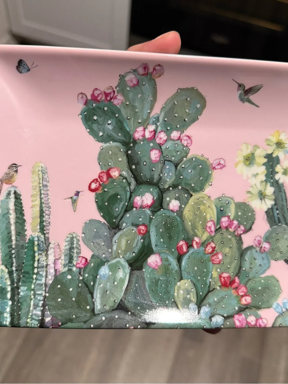 Pink Cactus Floral Tray with Hummingbird Motif